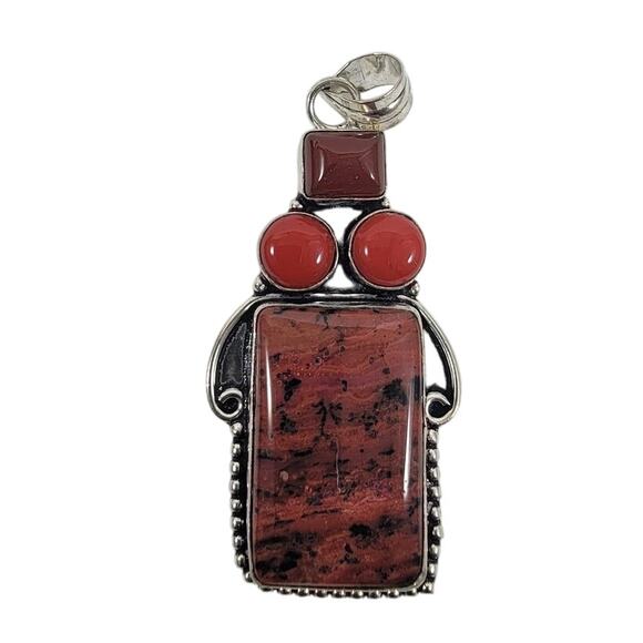 Handmade Silver Pendant Necklace with Red Jasper, Carnelian & 925 Sterling Chain - Picture 1 of 10